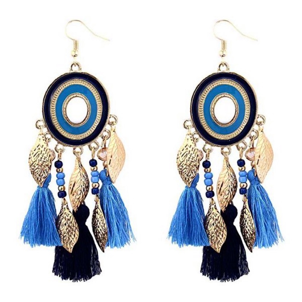 Blue Bohemian Leaf Tassel Earrings